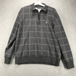 NAUTICA Sweater Mens Size Large Gray Plaid Print 1/4 Zip Long‎ Sleeve Pullover